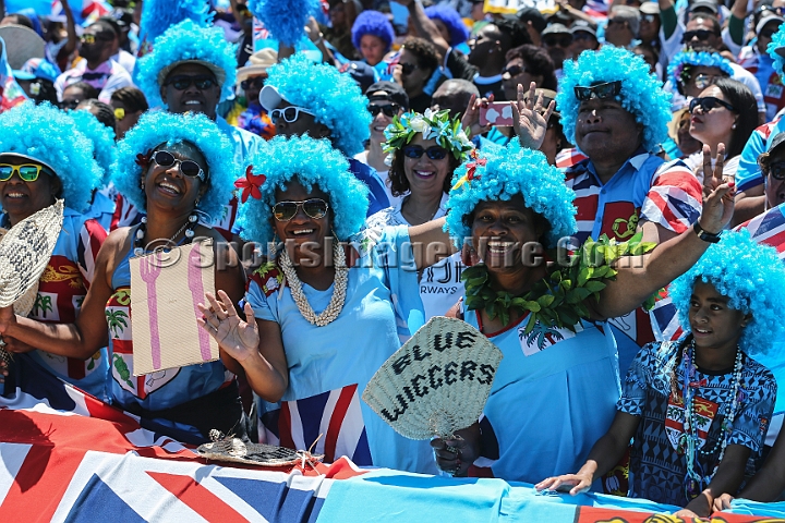 2018RugbySevensSun-14.JPG - Fiji fans, the Blue Wiggers, react during the men's championship semi finals match against New Zealand in the 2018 Rugby World Cup Sevens, Sunday, July 22, 2018, at AT&T Park, San Francisco. New Zealand defeated Fiji 22-17. (Spencer Allen/IOS via AP)